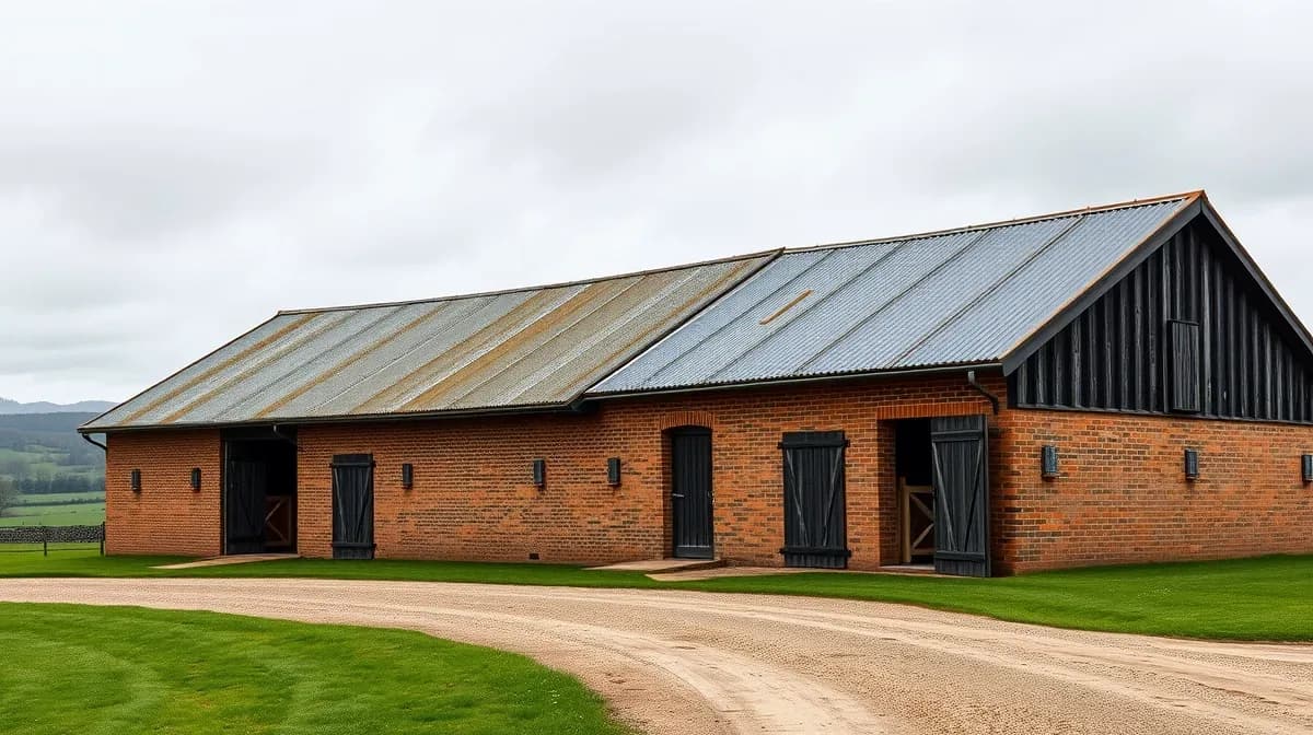 Long farm barn with a corrugated fibre cement roof