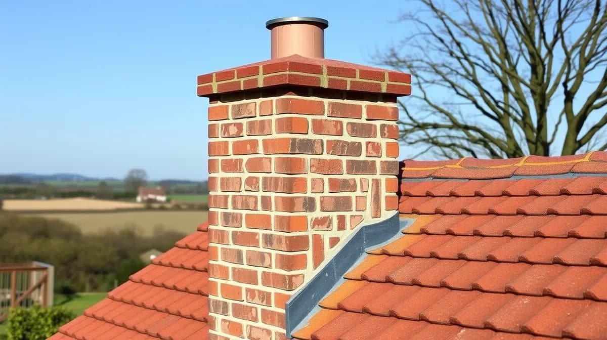 Brick-and-flint chimney stack with lime repointing and lead flashing