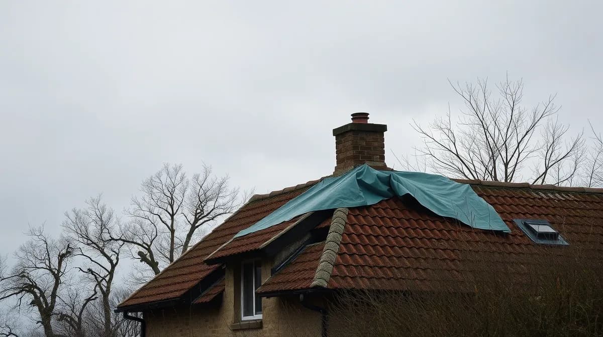 Tarpaulin lashed over storm-damaged clay tiles on an exposed roof