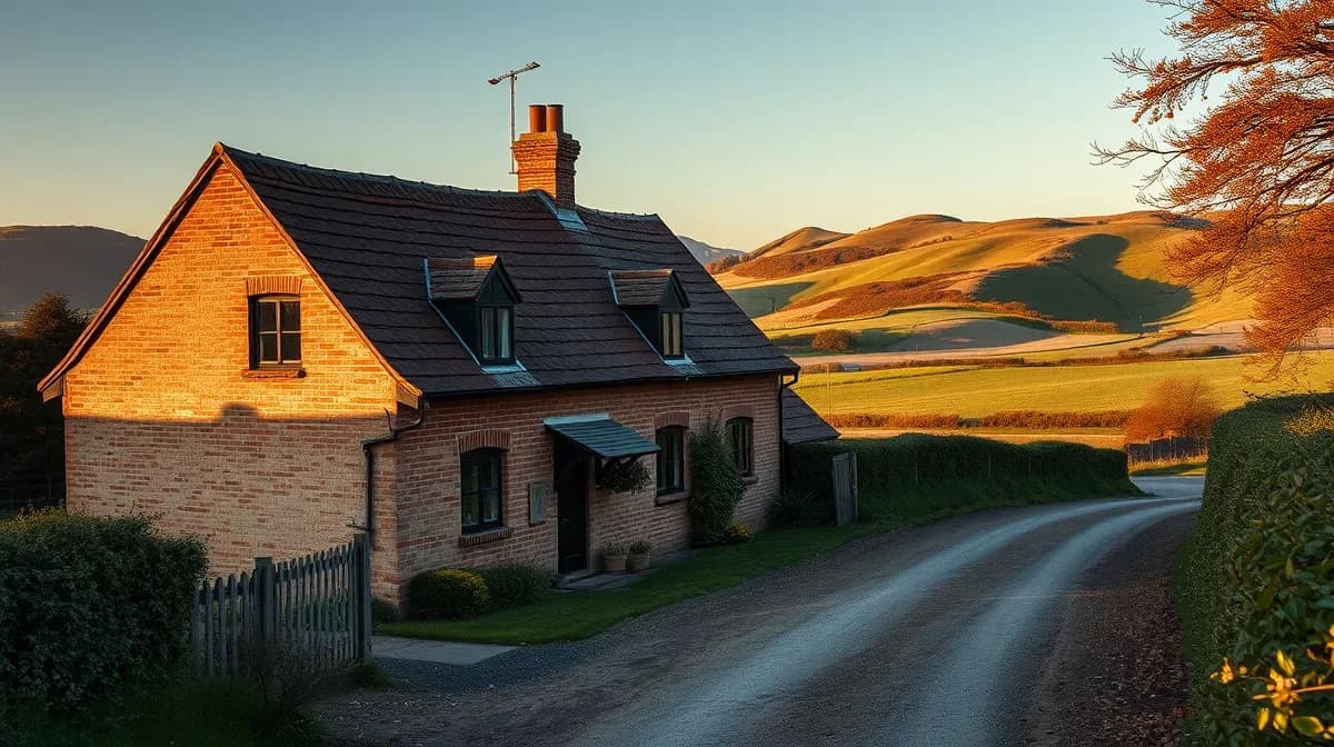 Brick-and-flint cottage with a clay tiled roof against chalk downland