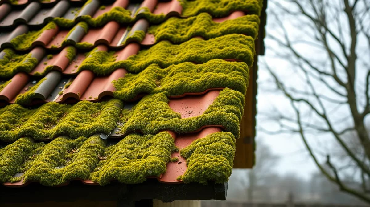 North-facing clay tiled roof half scraped clear of moss