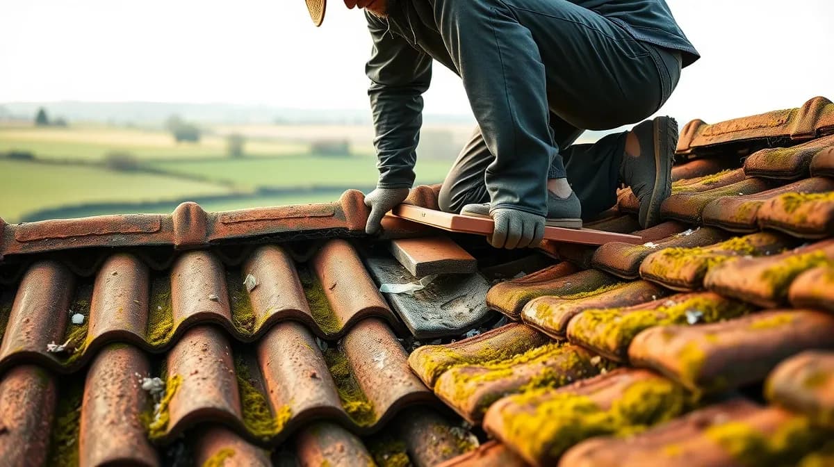 Roofer lifting clay peg tiles to make a repair on a period cottage