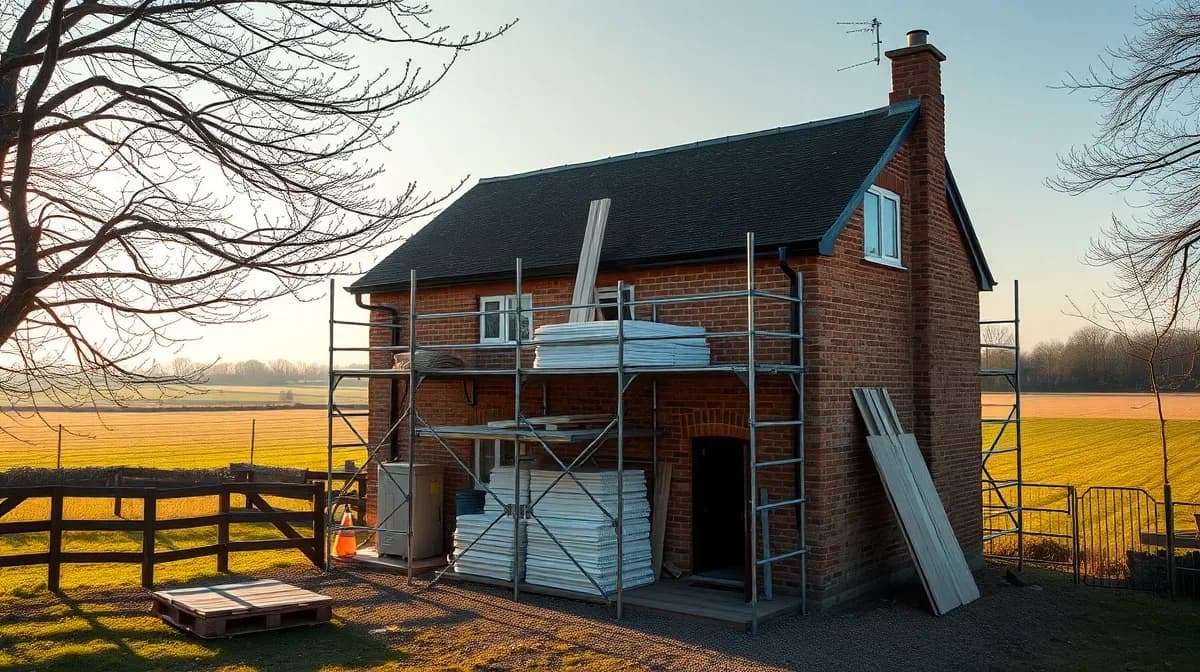 Scaffolding around a brick-and-flint country house