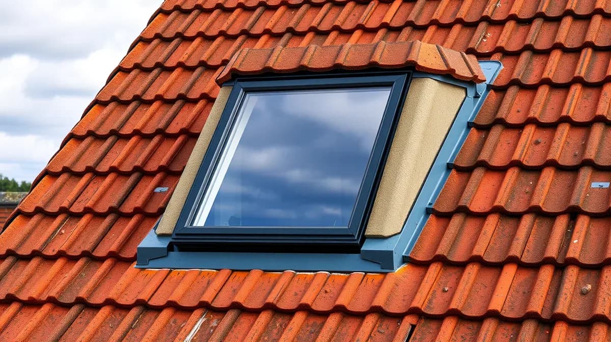 Roof window set into a clay tiled roof with lead flashing
